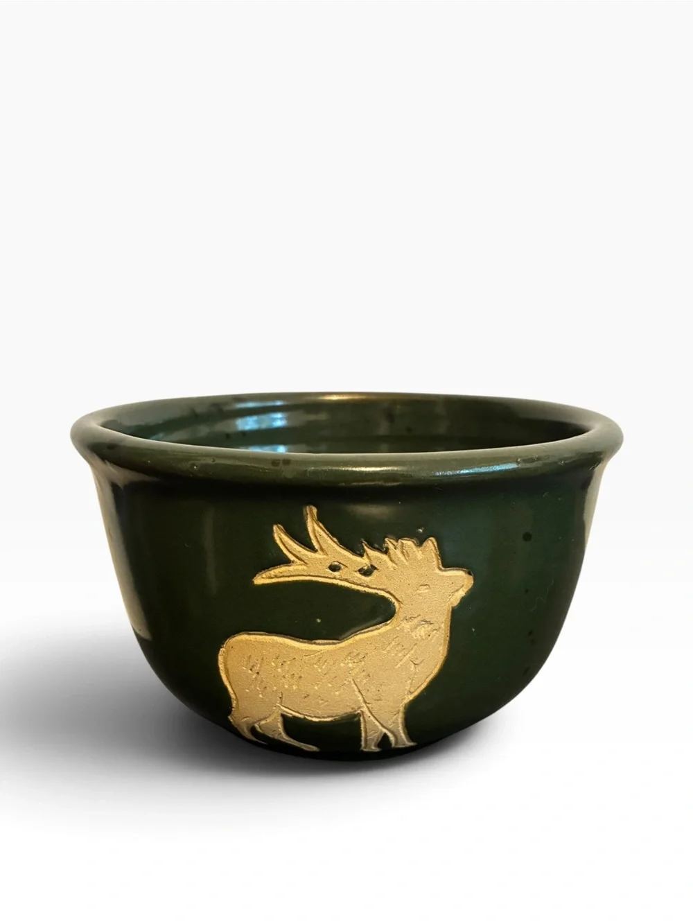 Handcrafted Studio Pottery Green Gold Reindeer Elk Bowl Signed Artisan Ceramic